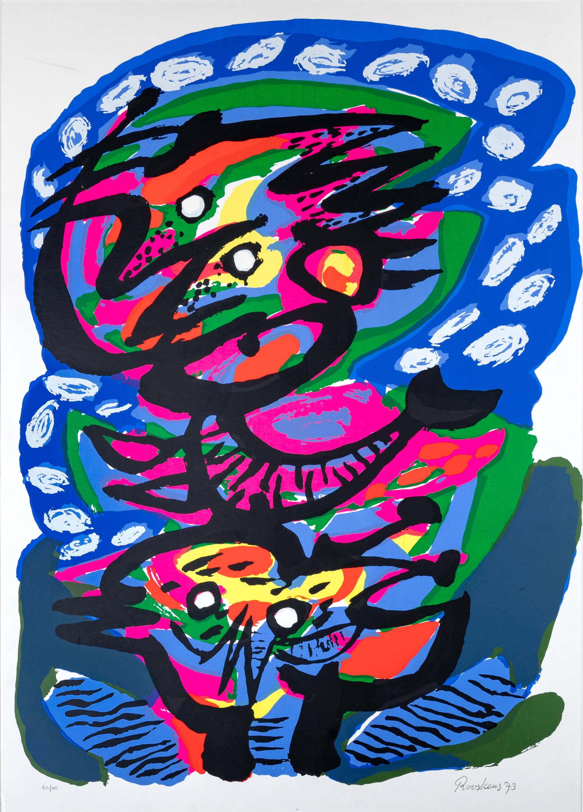 Brightly colored abstract print with neon shades of pink, green and blue.